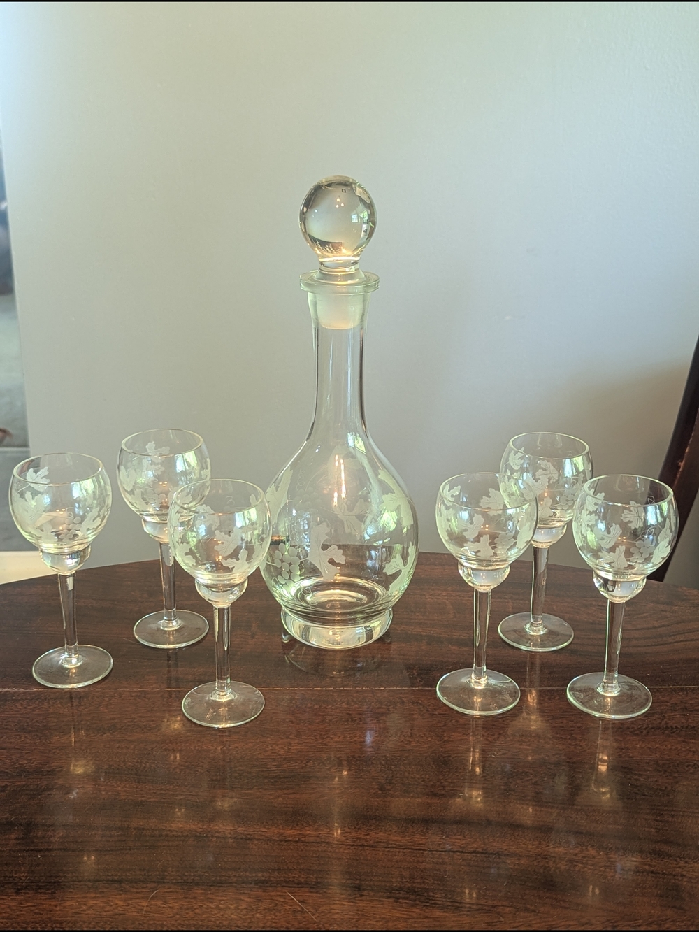 Etched Clear Glass Decanter with Six Matching Wine Glasses - Clear
